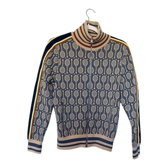 Tory Burch Tech Knit Jacquard Tennis Racquet Full-Zip Jacket Preppy Blue Medium - Picture 6 of 13
